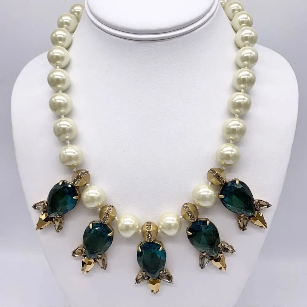 J. Crew Blue/Green Teardrop Gems and Jumbo Pearl Necklace
